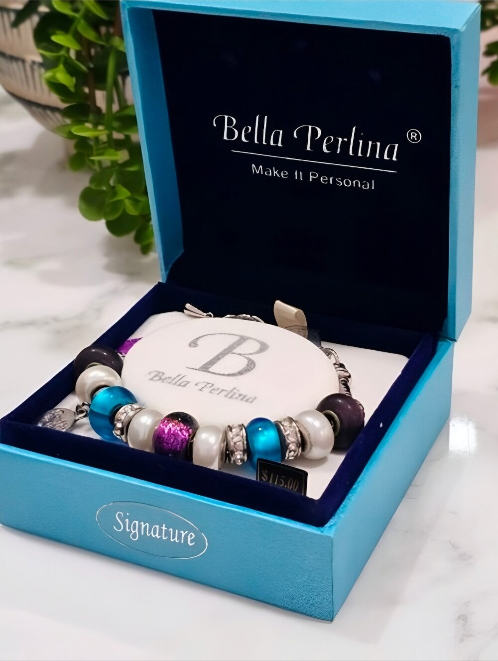 Bella Perlina Reach For The Stars Charm Bracelet Blue Pearl Crystal Bead Box NWT